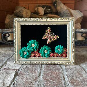 Green, Red, & Coral Flower Garden Vintage Framed Jewelry Art